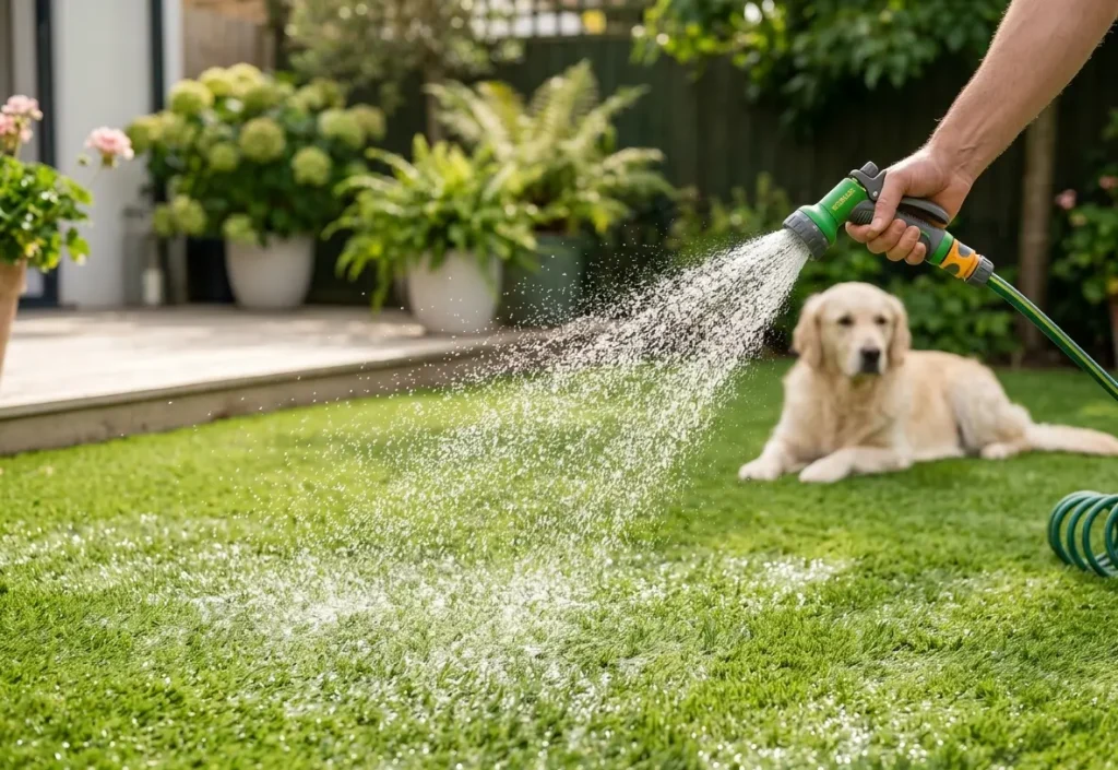 Entretien et nettoyage du gazon synthétique avec animaux